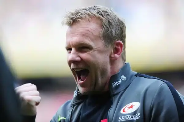 LONDON, ENGLAND - MAY 30: Mark McCall the Saracens head coach celebrates his team's 28-16 victory during the Aviva Premiership Final between Bath Rugby and Saracens at Twickenham Stadium on May 30, 2015 in London, England (Photo by Dan Mullan/Getty Images