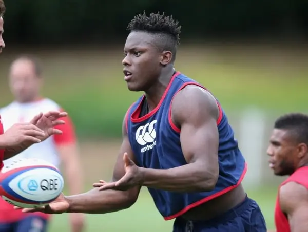 BAGSHOT, ENGLAND - JULY 08: Maro Itoje runs with the ball during the England training session held at Pennyhill Park on July 8, 2015 in Bagshot, England. (Photo by David Rogers/Getty Images)