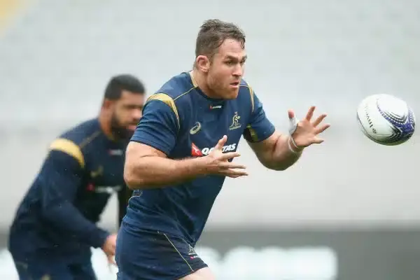 AUCKLAND, NEW ZEALAND - AUGUST 14: James Horwill of the Wallabies takes a pass during the Australian Wallabies Captain's Run at Eden Park on August 14, 2015 in Auckland, New Zealand. (Photo by Phil Walter/Getty Images)