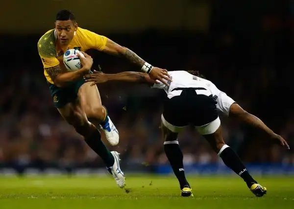 during the 2015 Rugby World Cup Pool A match between Australia and Fiji at the Millennium Stadium on September 23, 2015 in Cardiff, United Kingdom.