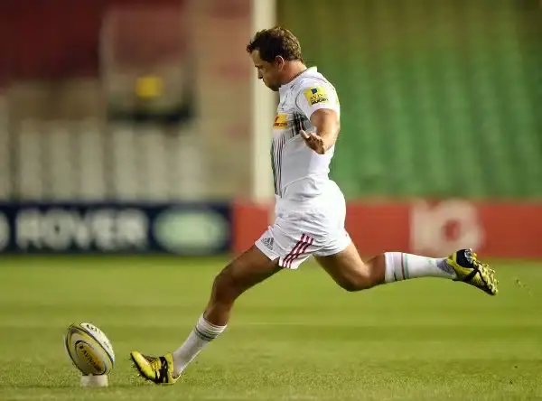 LONDON, ENGLAND - OCTOBER 02: Nick Evans of Harlequins kicks a conversion during The Cunningham Duncombe Series match between London Irish and Harlequins at Twickenham Stoop on October 02, 2015 in London, England. (Photo by Tom Dulat/Getty Images for Harl