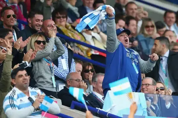 LEICESTER, ENGLAND - OCTOBER 04: Diego Maradona celebrates Argentina's second try during the 2015 Rugby World Cup Pool C match between Argentina and Tonga at Leicester City Stadium on October 4, 2015 in Leicester, United Kingdom. (Photo by Michael Steele/