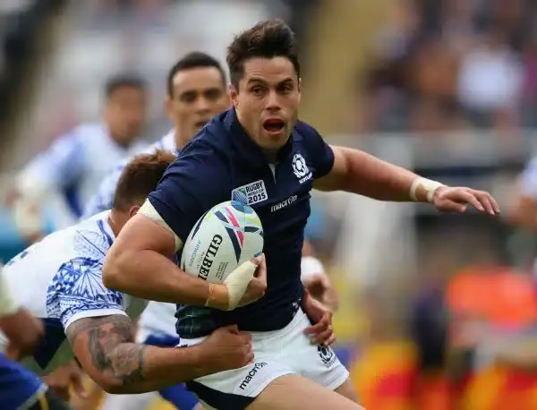 NEWCASTLE UPON TYNE, ENGLAND - OCTOBER 10: Sean Maitland of Scotland looks to break with the ball during the 2015 Rugby World Cup Pool B match between Samoa and Scotland at St James' Park on October 10, 2015 in Newcastle upon Tyne, United Kingdom. (Photo 