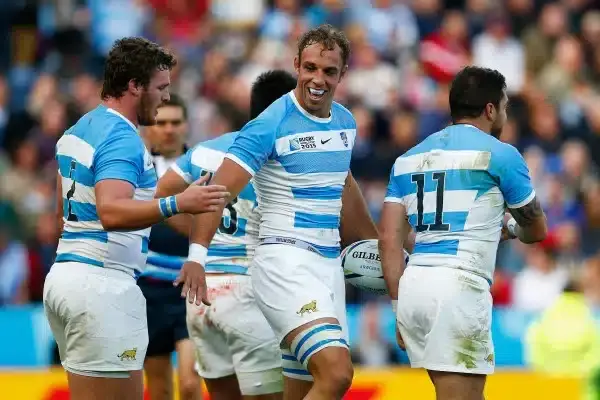 LEICESTER, ENGLAND - OCTOBER 11: Leonardo Senatore of Argentina (C) celebrates with teammates after scoring a try during the 2015 Rugby World Cup Pool C match between Argentina and Namibia at Leicester City Stadium on October 11, 2015 in Leicester, United