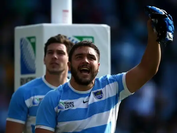 LEICESTER, ENGLAND - OCTOBER 11 : Lucas Noguera Paz of Argentina celebrates at the end of the game during the 2015 Rugby World Cup Pool C match between Argentina and Namibia at Leicester City Stadium on October 11, 2015 in Leicester, United Kingdom. (Phot