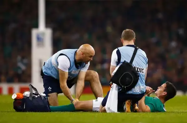 CARDIFF, WALES - OCTOBER 11: Jonathan Sexton of Ireland receives treatment during the 2015 Rugby World Cup Pool D match between France and Ireland at Millennium Stadium on October 11, 2015 in Cardiff, United Kingdom. (Photo by Laurence Griffiths/Getty Ima