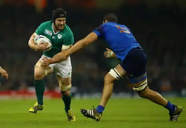 CARDIFF, WALES - OCTOBER 11: Sean O'Brien of Ireland is challenged by Yoann Maestri of France during the 2015 Rugby World Cup Pool D match between France and Ireland at Millennium Stadium on October 11, 2015 in Cardiff, United Kingdom. (Photo by Richard H