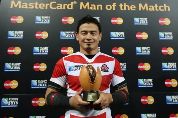 GLOUCESTER, ENGLAND - OCTOBER 11: Ayumu Goromaru of Japan is presented with his Man of the match award after the 2015 Rugby World Cup Pool B match between USA and Japan at Kingsholm Stadium on October 11, 2015 in Gloucester, United Kingdom. (Photo by Stev
