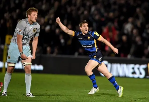 WORCESTER, ENGLAND - OCTOBER 16: Tom Heathcote of Worcester celebrates after kicking the winning drop goal during the Aviva Premiership match between Worcester Warriors and Northampton Saints at Sixways Stadium on October 16, 2015 in Worcester, England. (