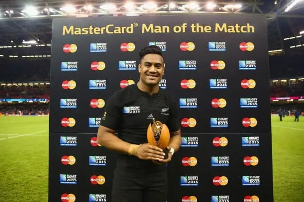 CARDIFF, WALES - OCTOBER 17: Julian Savea of the New Zealand All Blacks is awarded the Man of the Match award following the 2015 Rugby World Cup Quarter Final match between New Zealand and France at the Millennium Stadium on October 17, 2015 in Cardiff, U