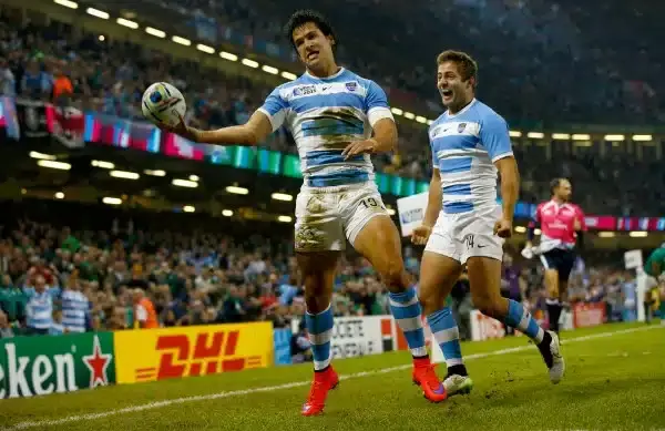 CARDIFF, WALES - OCTOBER 18: Matias Moroni of Aargentina (l) celebrates after scoring the opening try during the 2015 Rugby World Cup Quarter Final match between Ireland and Argentina at Millennium Stadium on October 18, 2015 in Cardiff, United Kingdom. (