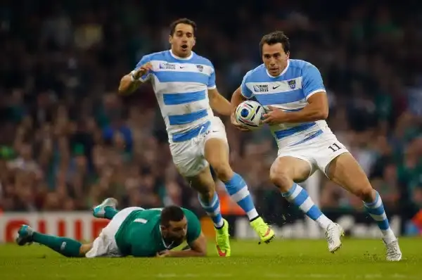 CARDIFF, WALES - OCTOBER 18: Juan Imhoff of Argentina evades Dave Kearney of Ireland during the 2015 Rugby World Cup Quarter Final match between Ireland and Argentina at the Millennium Stadium on October 18, 2015 in Cardiff, United Kingdom. (Photo by Laur
