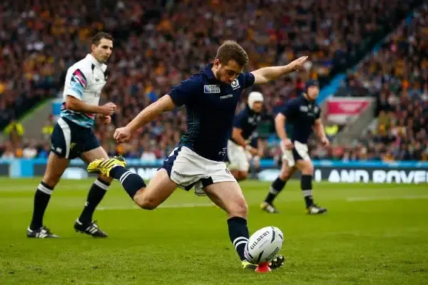 LONDON, ENGLAND - OCTOBER 18: Greig Laidlaw of Scotland kicks at goal during the 2015 Rugby World Cup Quarter Final match between Australia and Scotland at Twickenham Stadium on October 18, 2015 in London, United Kingdom. (Photo by Dan Mullan/Getty Images