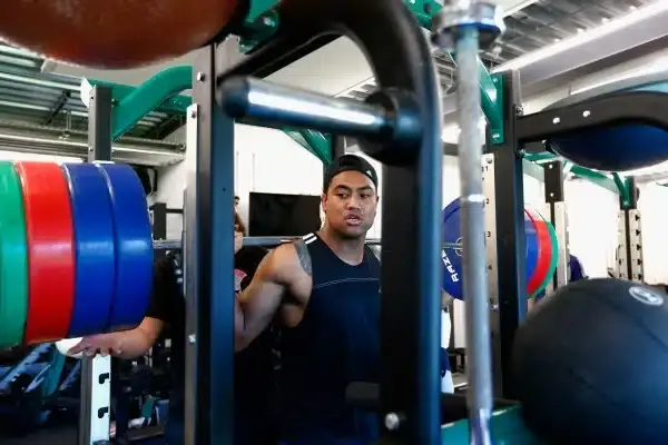 WEYBRIDGE, ENGLAND - OCTOBER 26: Julian Savea of the All Blacks squats during a New Zealand All Blacks training session at London Irish on October 26, 2015 in Bagshot, United Kingdom. (Photo by Phil Walter/Getty Images)