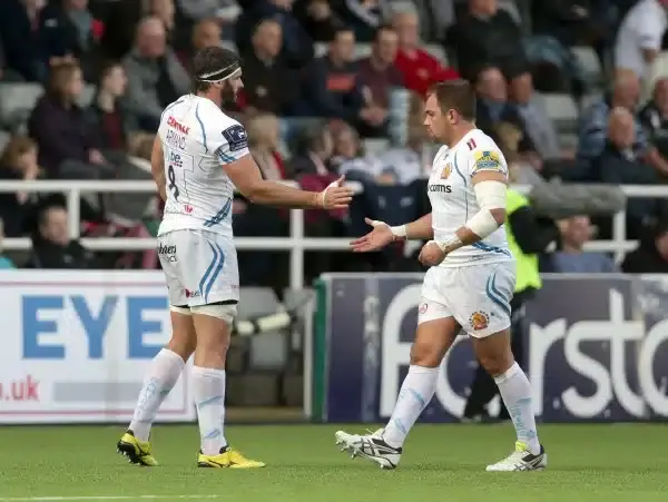 NEWCASTLE UPON TYNE, ENGLAND - NOVEMBER 1: Don Armand (L) of Exeter Chiefs celebrates with team-mate Ben Moon after he scores a try for his side during the Aviva Premiership match between Newcastle Falcons and Exeter Chiefs at Kingston Park on November 1,