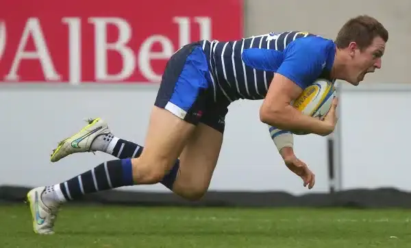 SALFORD, ENGLAND - NOVEMBER 1: Sam James of Sale Sharks scores his side's first try of the match during the Aviva Premiership match between Sale Sharks and Northampton Saints at the AJ Bell Stadium on November 1, 2015 in Salford, England. (Photo by Dave T