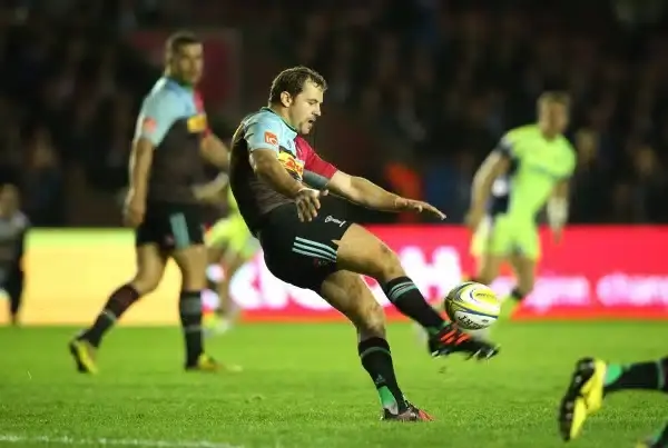 during the Aviva Premiership match between Harlequins and Sale Sharks at Twickenham Stoop on November 6, 2015 in London, England.