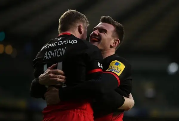 LONDON, ENGLAND - NOVEMBER 28: Chris Ashton of Saracens celebrates with team mate Ben Spencer after scoring a try during the Aviva Premiership match between Saracens and Worcester Warriors at Twickenham Stadium on November 28, 2015 in London, England. (Ph