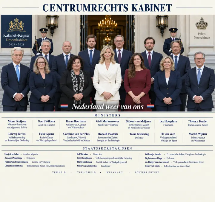 Het fictieve centrumrechtse droomkabinet van dr. Gert Jan Mulder bij zijn concept-regeerakkoord ‘Nederland weer van ons’.