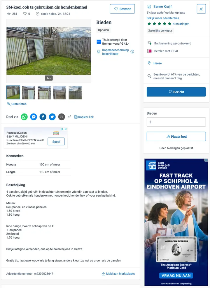 De advertentie op Marktplaats