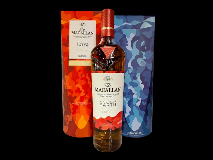 The festive packaging of The Macallan A Night on Earth in Scotland.