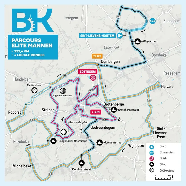 Kaart Belgisch Kampioenschap wegwedstrijd elite mannen 2024