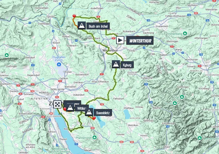 Kaart Wereldkampioenschappen op de weg voor mannen Zürich 2024
