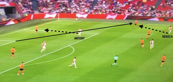 Buitenspeler Antony stapt door op de centrumverdediger van Shakhtar Donetsk. Op het moment dat de bezoekers de bal verplaatsen naar hun linksback, besluit Rensch door te dekken.