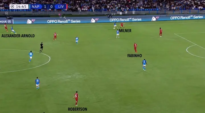 Liverpool bouwt op met backs Alexander-Arnold en Robertson hoog op het veld. Fabinho speelt kort voor de defensie en Milner is in deze situatie in de rechterzone uitgezakt.