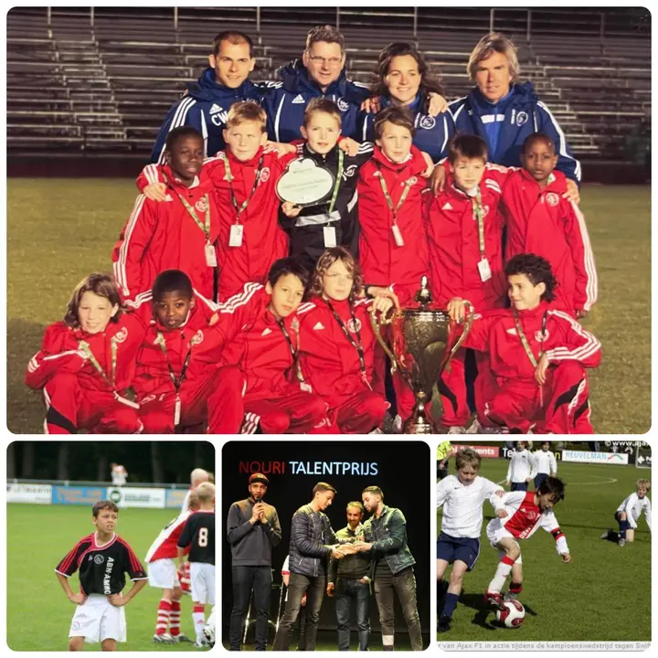 <b><i>Bovenste foto: Anass Ahannach is te vinden op de onderste rij, derde van links. Dit team - Ajax E2 - had zojuist een toernooi in Portugal gewonnen. Onderste foto's: Ahannach ten tijde van de jeugdopleiding van Ajax, helemaal rechts als aanvoerder. In het midden staat hij met de broer van Abdelhak Nouri.</i></b>