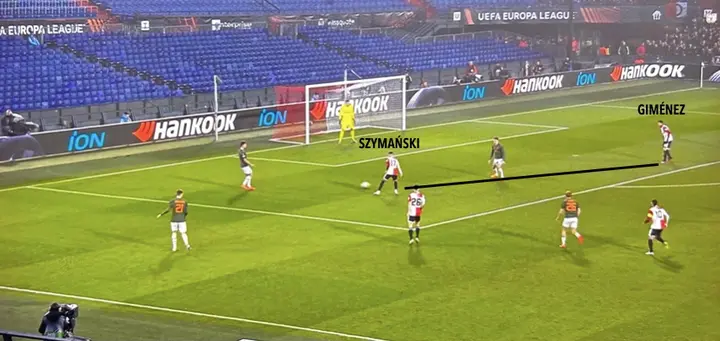 Aanvallende middenvelder Szymański komt naast spits Giménez om de as van het veld dicht te zetten.