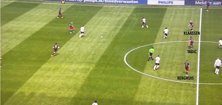 Een nagenoeg identiek beeld, maar dan iets hoger op het veld: Berghuis, Tadić en Klaassen staan exact op dezelfde lijn en willen de bal in hun voeten. Ajax zou veel dreigender en moeilijker te verdedigen zijn als minimaal één van deze drie spelers voor diepgang zou zorgen.