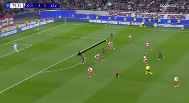 Zelfs met drie spelers voor de neus van de keeper weet Bayer Leverkusen niet te scoren.