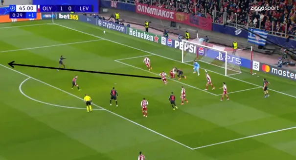 Een verdediger van Olympiakos ramt de bal de diepte in, in de hoop dat zijn ploeg eruit kan komen.