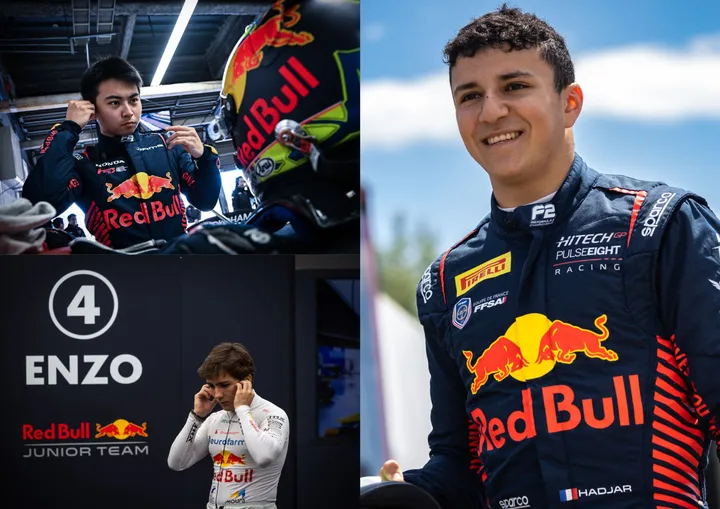 Iwasa (linksboven), Fittipaldi (linksonder) en Hadjar (rechts) zijn de drie coureurs die honderd procent zeker zijn van steun van Red Bull. (Foto’s: Red Bull Content Pool)