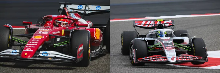 <i>Links de Ferrari van Charles Leclerc met in het groen de pull rod-stang aangegeven. Rechts de Haas met een push rod-stang. Waar de ophanging van de Ferrari de band na een kerb weer naar de oorspronkelijke positie trekt, duwt de stang van de Haas de wielen omlaag. Theoretisch gezien staat een pull rod-systeem teams individueel per band meer beweging toe, terwijl de auto's met een push rod-systeem in zijn geheel meebewegen. Dit brengt voor- en nadelen met zich mee.</i>