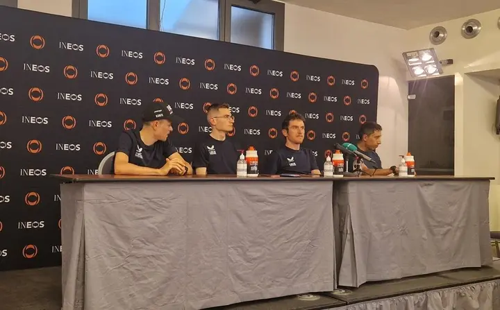 Pidcock, Rodriguez, Thomas and Bernal at press conference