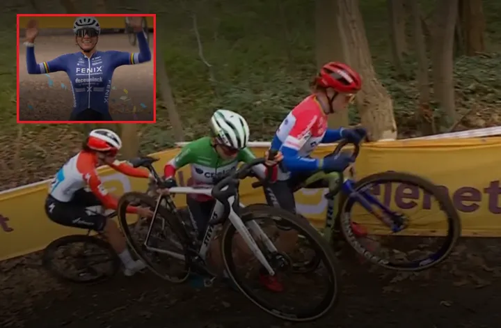 Casasola and Brand have to get off their bikes after making contact